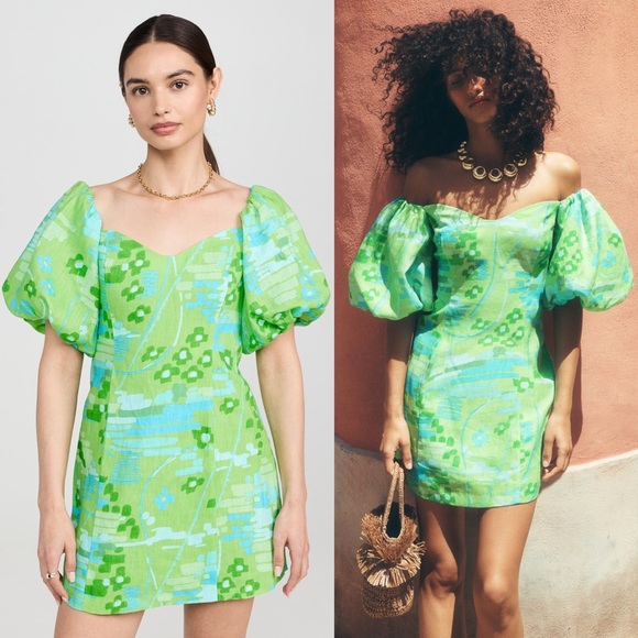 RHODE Dresses & Skirts - RHODE Dali Dress Puff Sleeve Linen Cotton Electric Eden Green Floral Print Sz 6